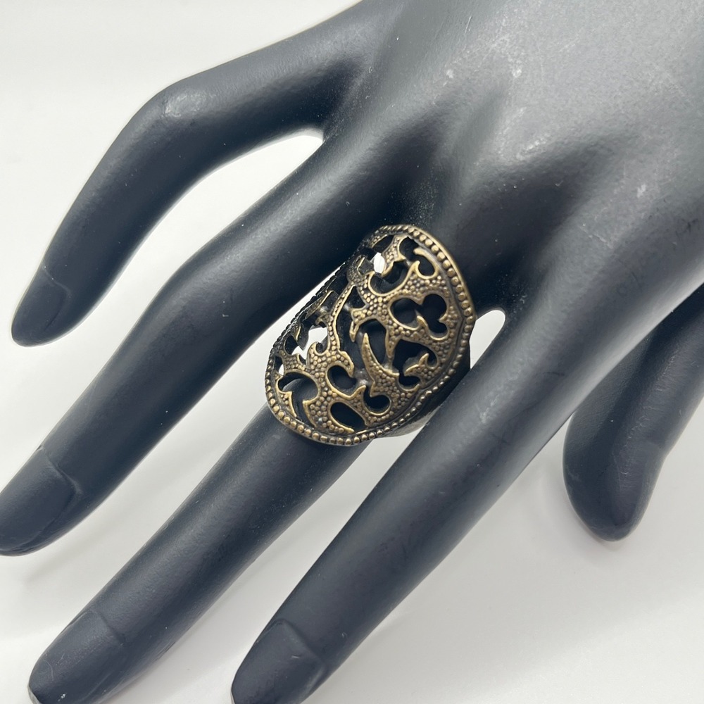 Vintage Brutalist Modernist Large Shield Cutout Brass Statement Ring Sz 8